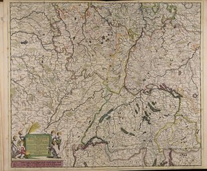 Accuratissima Rheni superioris Mosae et Mosellae tabula ac minores in eosdem in fluentes fluvii cum omnibus adherentibus regionibus sicut archiepiscopatus et electoratus Moguntini et Palatinatus Rheni Lotaringiae Helvetiae Alsatiae Sueviae et comitatus Bur door Theodorus Danckerts