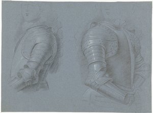 Studieblad met de linker- en rechterzijde van een kuras door Theodorus Netscher