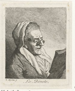 Lezende oude vrouw met knijpbril door Theodorus de Roode