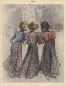 Drie vrouwen lopen over straat door Theophile Alexandre (after) Steinlen