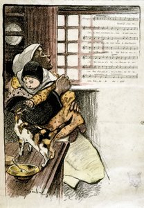Kind in de armen van een vrouw die met een kat speelt, ill. Steinlen voor bladmuziek, 19e eeuw door Théophile Alexandre Steinlen