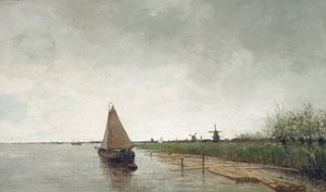 Een rivierlandschap met schepen, een stad daarachter