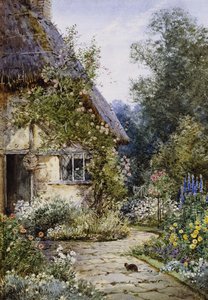Een Tuinhuisje met een Kat op de Voorgrond; en een Tuinrand in de Zomer