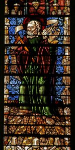 Raam met de apostel St. Thomas met geloofsrol (glas-in-lood) door Thiebaut de Lixheim