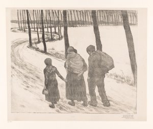 Man en vrouw met twee kinderen lopen over een landweg door Théo van Rysselberghe