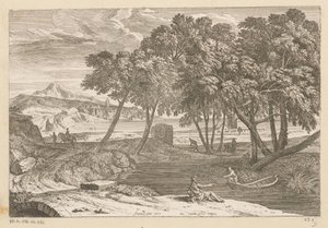 Arcadisch landschap met een visser in een boot door Théodore