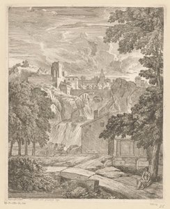Arcadisch landschap met een waterval en een vrouw onder een boom