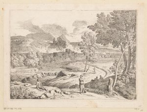 Arcadisch landschap met figuren langs een pad aan een stroming