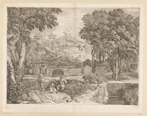 Arcadisch landschap met twee mannen en een fruit-dragende vrouw door Théodore