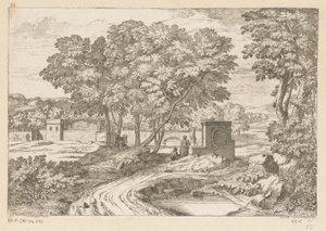 Arcadisch landschap met twee vrouwen bij een fontein