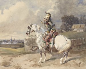 Franse dragonder op een wit paard, links gewend, in profiel door Théodore Fort (signed by artist)
