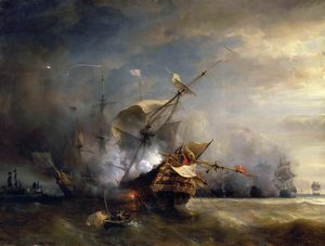 De zeeslag bij Lizard Point, Cornwall op 21 oktober 1707 door Jean Antoine Theodore Gudin