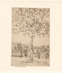 Zes figuren bij een hek langs een rivier, op de voorgrond een boom door Théodore Roussel (signed by artist)