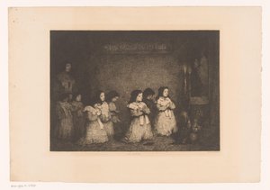 Groep meisjes in gebed voor een Mariabeeld door Théodule Augustin Ribot