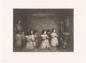 Groep meisjes in gebed voor een Mariabeeld door Théodule Augustin Ribot