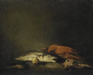 Stilleven met vissen en een kreeft door Théodule Augustin Ribot