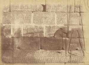 Close-up van hiërogliefen en sculpturen (Lijst van de verslagen naties), Karnak door Théodule Devéria