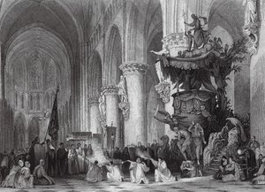 Kathedraal van St. Gudule, met beroemde gebeeldhouwde preekstoel, Brussel door Thomas (after) Allom