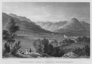 Grassmere Meer en Dorp, Westmorland (gravure) door Thomas (after) Allom