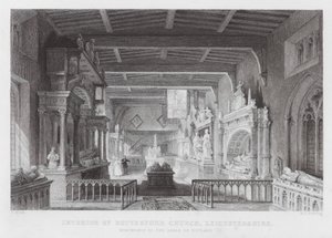 Interieur van Bottesford Church, Leicestershire, monumenten voor de graven van Rutland (gravure) door Thomas (after) Allom