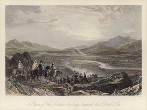 Vlakte van de rivier de Jordaan kijkend naar de Dode Zee (gekleurde gravure)