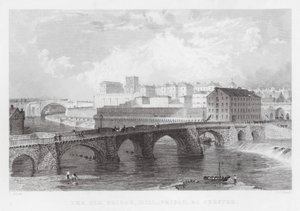 De oude brug, molen, gevangenis, enz., Chester (gravure) door Thomas (after) Allom