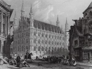 Stadhuis van Leuven, met een deel van de kathedraal (gravure) door Thomas (after) Allom