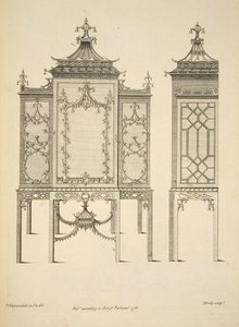 Ontwerp voor een porseleinkast, gepubliceerd 1753 (gravure) door Thomas (after) Chippendale