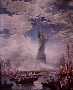 Onthulling van het Vrijheidsbeeld in de haven van New York, 28 oktober 1886 (kleur litho) door Thomas (after) Moran