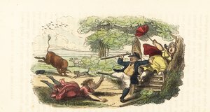 Een familie van botanici aangevallen door een stormende stier in een veld, 1831 (gravure) door Thomas (after) Rowlandson