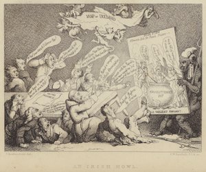 Een Ierse weeklacht: bijeenkomst van de Nationale Conventie van Verenigde Ieren die de verschrikkingen van het republicanisme getoond krijgen, zoals geïllustreerd door de Franse Revolutie door Thomas (after) Rowlandson