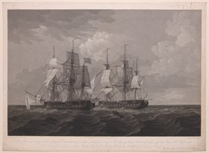 Deze plaat toont het Franse fregat La Proserpine van 40 kanonnen die haar kleuren strijkt voor Zijne Majesteits fregat Dryad van 36 kanonnen bij Kaap Clear, op 13 juni 1796... opgedragen aan Kapitein... Lord Amelius Beauclerk... door Thomas (after) Whitcombe