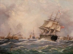 Brits oorlogsschip bij Portsmouth door Thomas (attr. to) Buttersworth