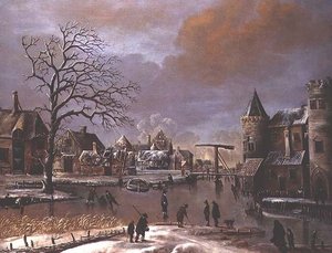 Schaatsers op een bevroren kanaal