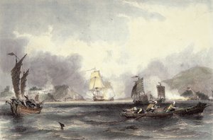 HM Schepen Imogene en Andromache passeren de Batterijen van de Bocca-Tigris, ca. 1850
