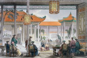 Goochelaars in de hof van een mandarijnenpaleis, China