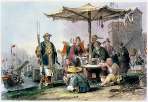 Rijstverkopers bij het militaire station van Tong-Chang-Too, China, 1843 door Thomas Allom