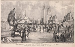 De ceremonie van de opening van de London Bridge met de oude London Bridge op de achtergrond door Thomas Allom
