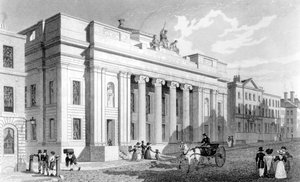Het stadhuis van Manchester, gegraveerd door Richard Winkles, 1829