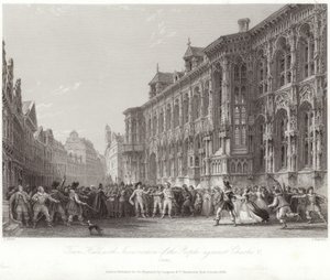 Stadhuis met opstand van het volk tegen Karel V door Thomas Allom