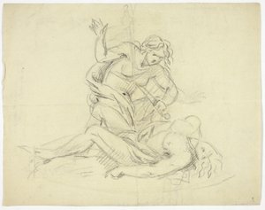 Pyramus en Thisbe (recto); Drie Mannelijke Figuren met Mausoleum Plattegrond (verso)