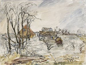 Walcheren eiland (Nederland) overstroomd. Schilderij door Thomas Hennel (1903-1945), aquarel 1944 door Thomas Barclay Hennell