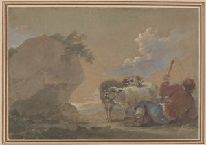 Landschap met herder en schapen door Thomas Barker