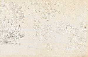 Een studie in grafiet van de brug en bomen vanuit het westen door Thomas Baxter