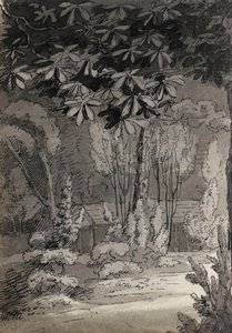 Een uitzicht door bomen naar een gebouw met één verdieping door Thomas Baxter