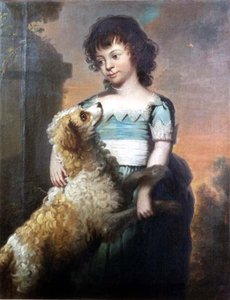Portret van een meisje in een blauwe jurk met een hond door Thomas Beach
