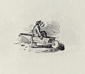 Een man in een kruiwagen uit 