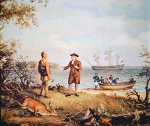William Penn arriveert voor het eerst in Amerika en ontmoet een Indiaan in 1682 door Thomas Birch
