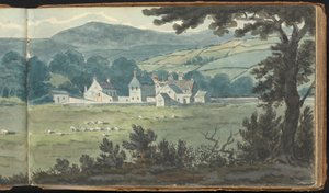 Album van Landschap- en Figurenstudies: Landelijk landschap met boerderij en grazende schapen