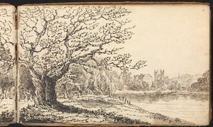 Album van Landschap- en Figurenstudies: Bomen Langs een Rivier met Gebouwen in de Verte
